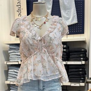 American Eagle Outfitters Pale Pink Floral Ruffle Tie Blouse